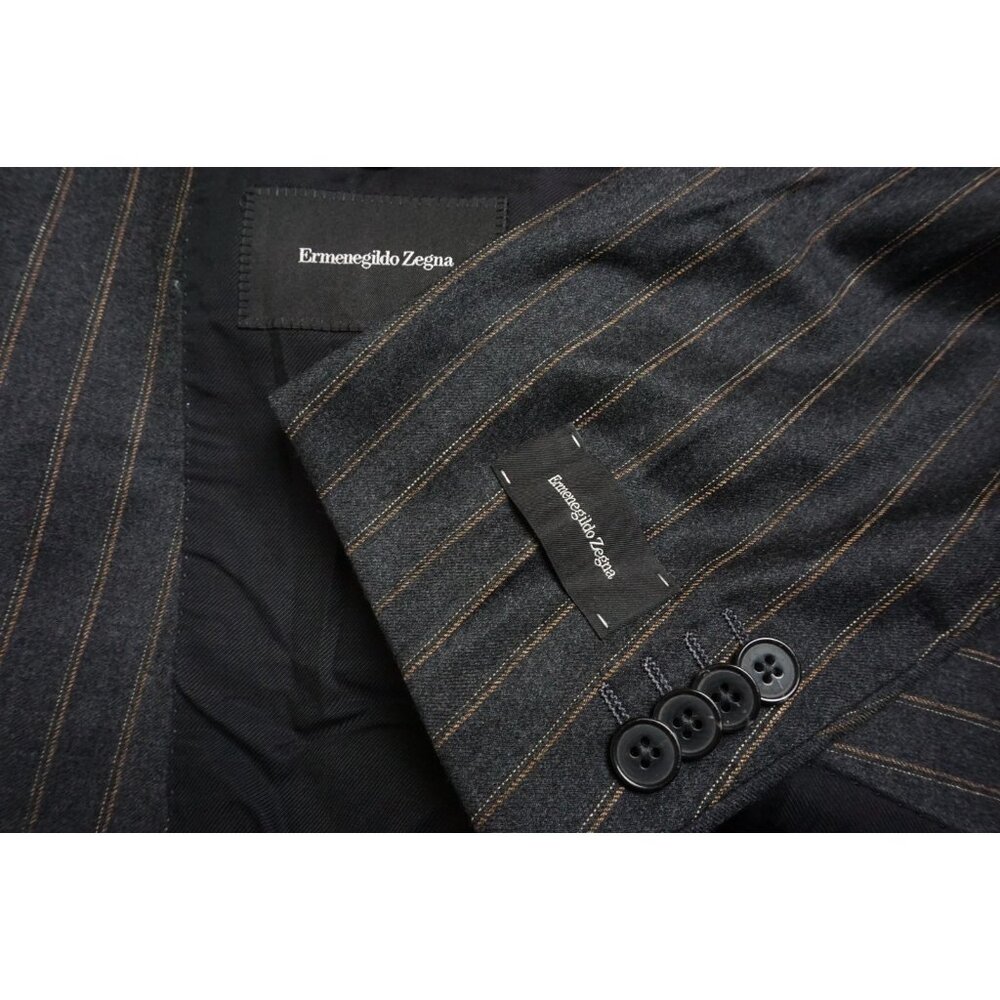 Ermenegildo Zegna Milano Charcoal Gold Striped Wool 2Pc Suit Jacket Pant 44R NEW